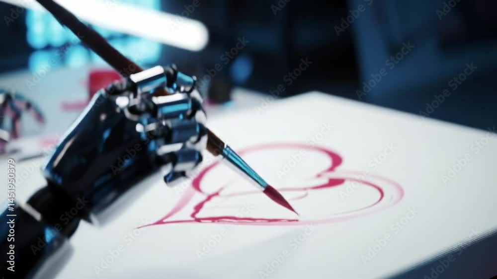 Robotic hand creates art with vibrant red paint on canvas