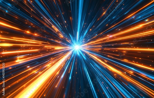 Abstract background featuring blurred light rays, dynamic motion lines, and vibrant blue, orange, and yellow hues, creating a sense of movement and energy.