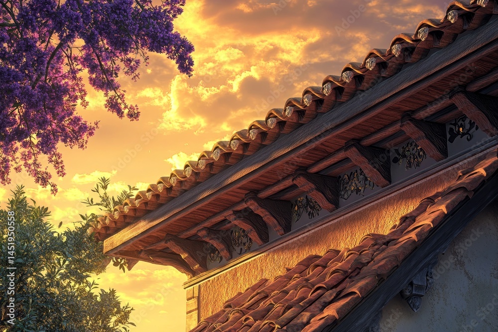 Obraz premium Sunset view of a terracotta roofline adorned with decorative trim.
