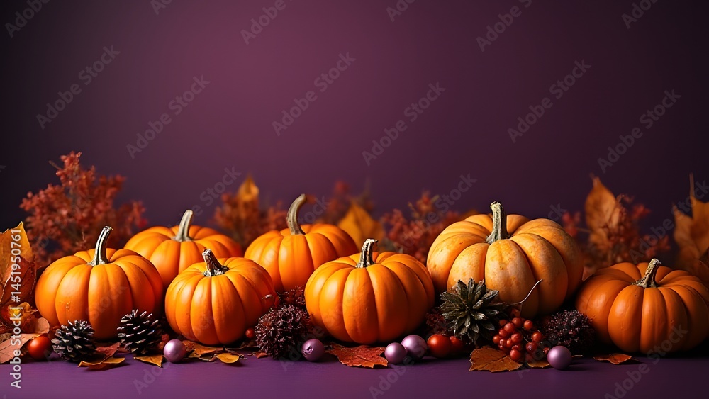 Fototapeta premium Autumn Harvest- Pumpkins and Fall Leaves Still Life Photography