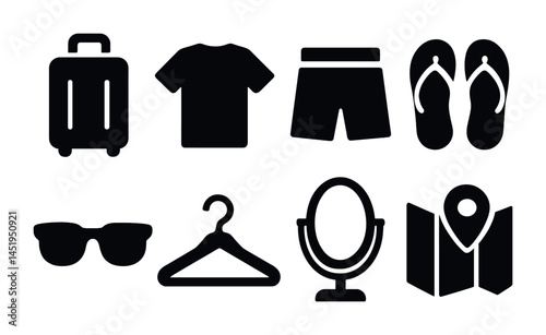 Travel essentials solid icons set – silhouette, filled, vacation planner symbols