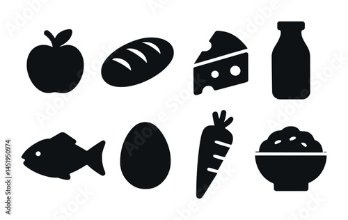 Food and grocery solid icons set – 3d, filled, pantry and culinary symbols