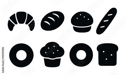Bakery and food solid icons set – flat, filled, bread and pastry symbols