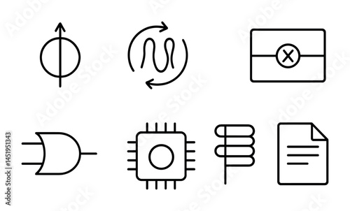 Technical and electronics outline icons set – circuit symbols, line art, tech design