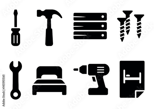 Home repair solid icons set – diy, tools, hardware and maintenance illustrations