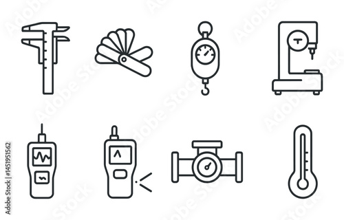 Measurement tools linear icons set – flat, outline, precision and calibration symbols