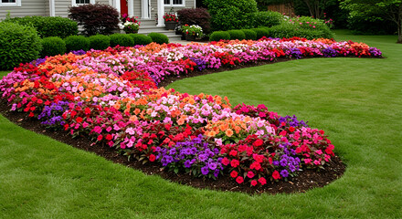 Vibrant Impatiens Blossom in Curved Garden Border Adding Colorful Accent