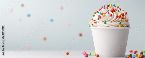 Cup of vanilla soft serve ice cream with colorful sprinkles in a white container on a light background.