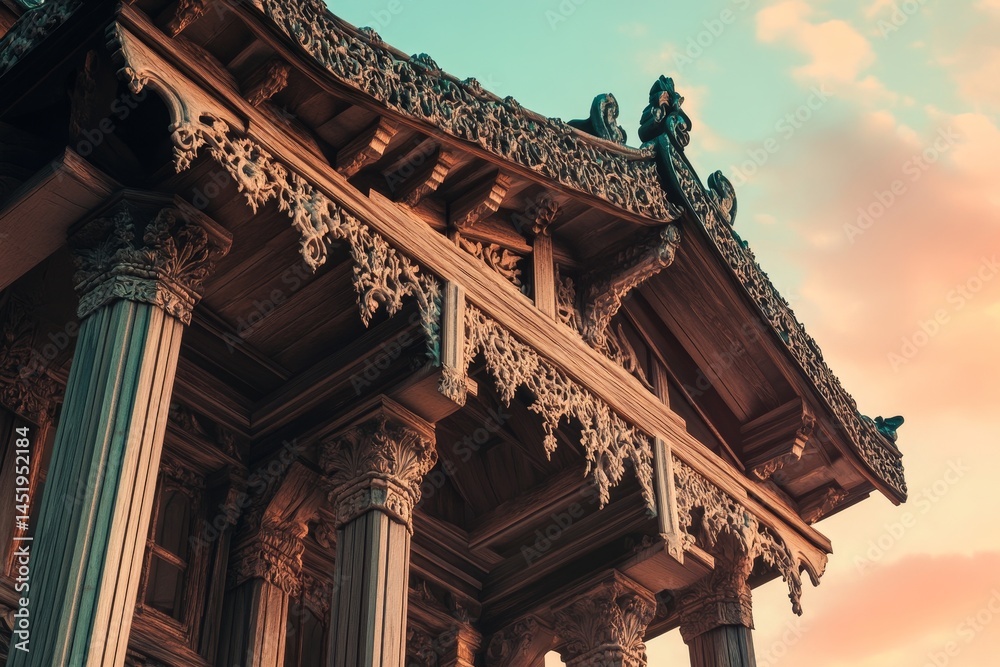 Fototapeta premium Ornate wooden structure facade at sunset.