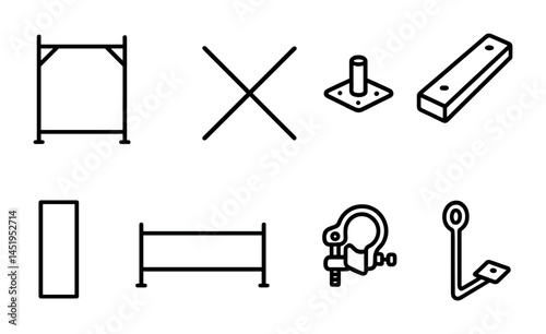 Construction outline icons set – linear, silhouette, building and scaffold tools