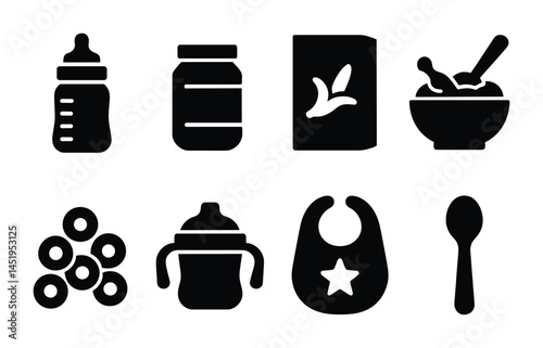 Baby feeding solid icons set – food, nutrition, infant and toddler care graphics
