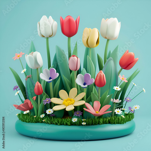 Vibrant Spring Flowers 3D Render. A Colorful Garden of Tulips and Daisies
