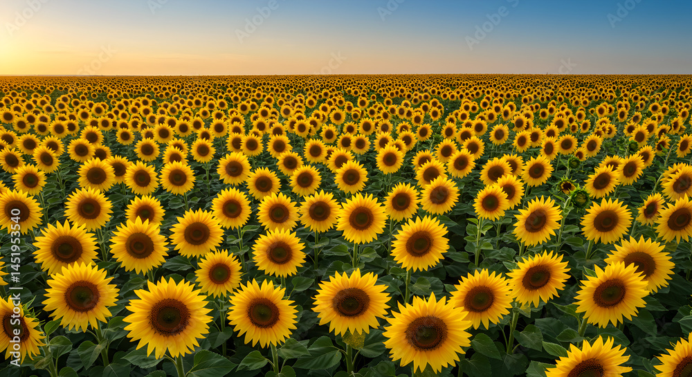 Fototapeta premium Majestic Sunflower Field Under Dawn Sky, Symbolizing Warmth And Abundance