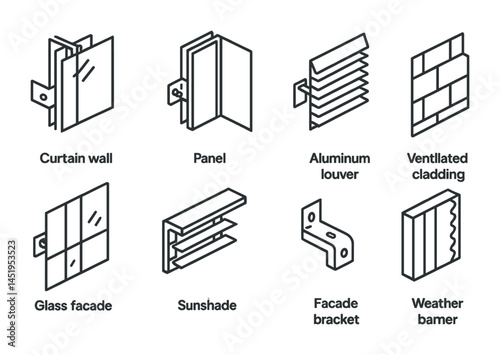 Curtain wall and facade outline icons set – linear, architectural, structural design symbols