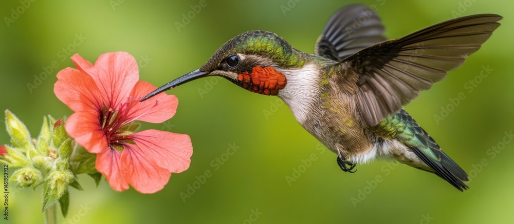 Fototapeta premium Hummingbird feeding on flower, garden, blurred green background, nature poster