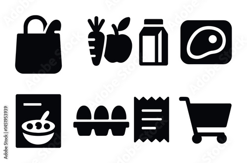 Grocery shopping solid icons set – aisle graphics, retail and market symbols