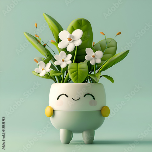 Adorable Cartoon Planter with Blooming White Flowers