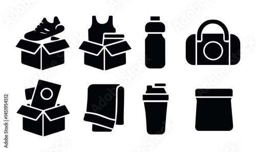Fitness and gym silhouette icons set – workout, exercise, sports equipment symbols