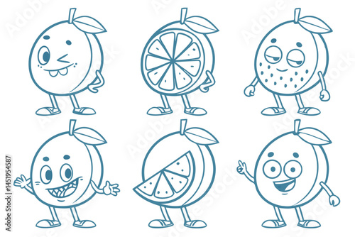 Line Art Cartoon Oranges with Different Expressions: Cute Fruit Characters Perfect for Coloring Books and Educational Materials.