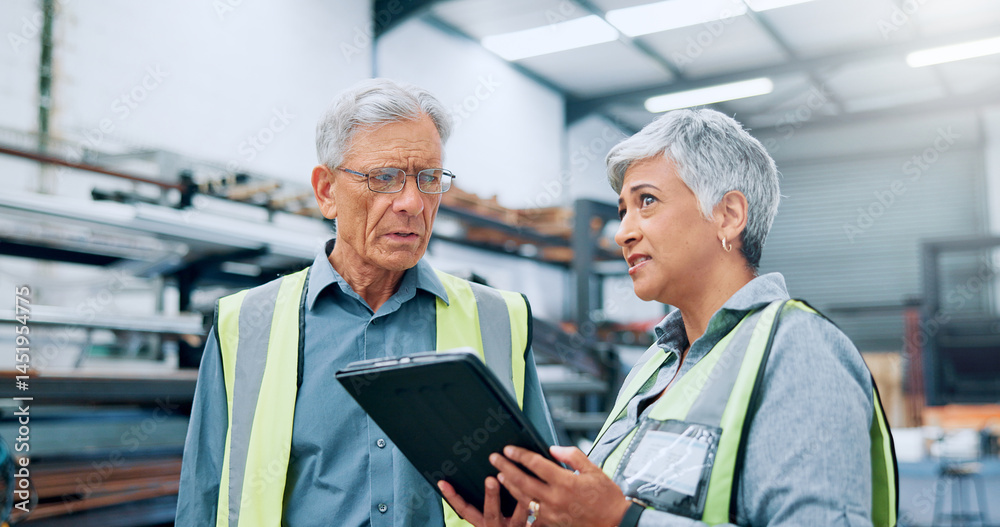 People, engineer and talking with tablet at factory for planning, supply chain and inventory management. Mature staff, team and digital for manufacturing, logistics feedback and production checklist People, engineer and talking with tablet at factory for planning, supply chain and inventory management. Mature staff, team and digital for manufacturing, logistics feedback and production checklist