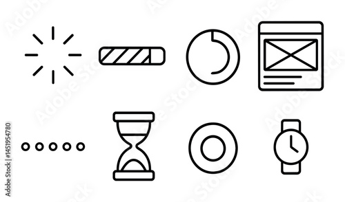Loading and progress outline icons set – linear, flat, status indicators