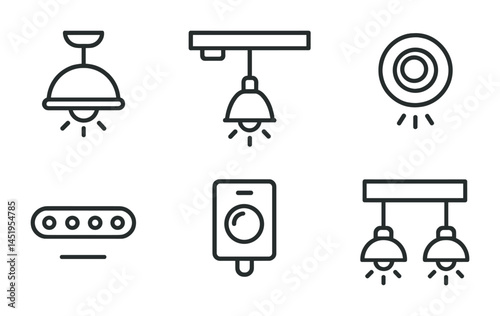 Indoor lighting outline icons set – lamps, fixtures, home decor symbols