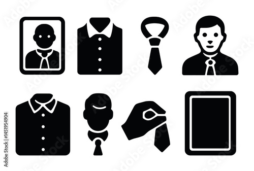 Business attire solid icons set – shirts, ties, office attire symbols