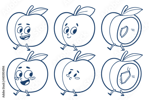 Set of cartoon apples, cheerful characters with arms and legs expressing different emotions, coloring book page, line art style.
