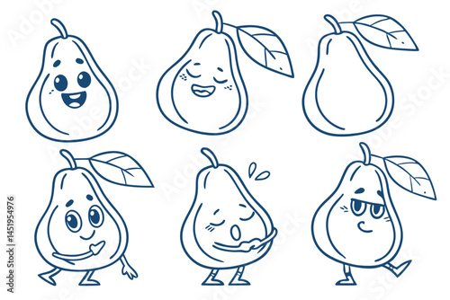 Cute pear character set with different emotions in doodle style, isolated vector illustration for kids design and healthy food concept.