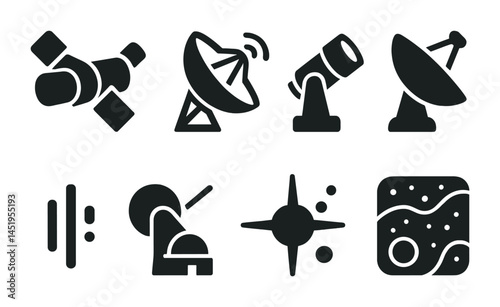 Space exploration solid icons set – filled, telescope, satellite symbols