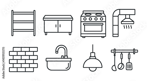 Kitchen and home outline icons set – line, household, cooking symbols