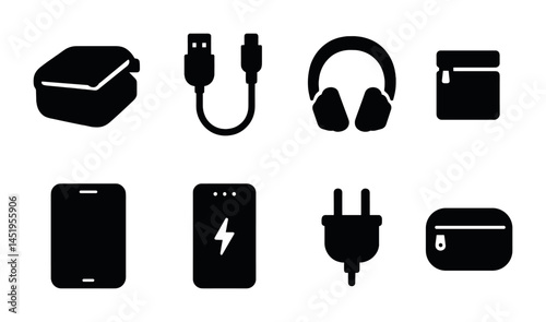 Technology and gadget silhouette icons set – solid, filled, electronic device symbols