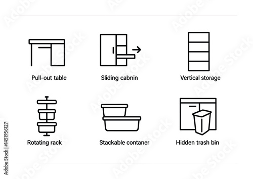 Kitchen storage line icons set – outline, organization, space-saving solutions