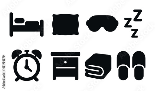 Sleep and relaxation icons set – solid, filled, bedtime and slumber symbols