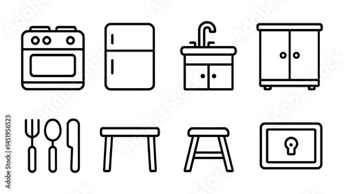 Kitchen and home appliance outline icons set – linear, household, utility tools