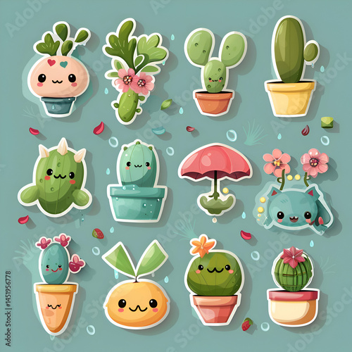 Adorable Cactus and Plants Stickers. Kawaii Cartoon Designs