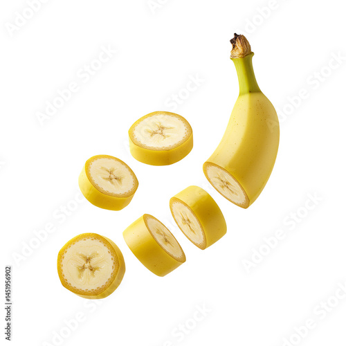 Banana slices flying on transparent background PNG Generative AI