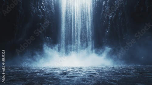 A cascading waterfall flowing down into a misty cavern below