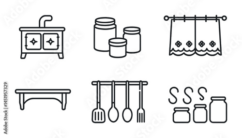 Home and kitchen outline icons set – linear, cooking, household essentials
