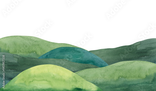 Foto Watercolor green hills landscape illustration for kids