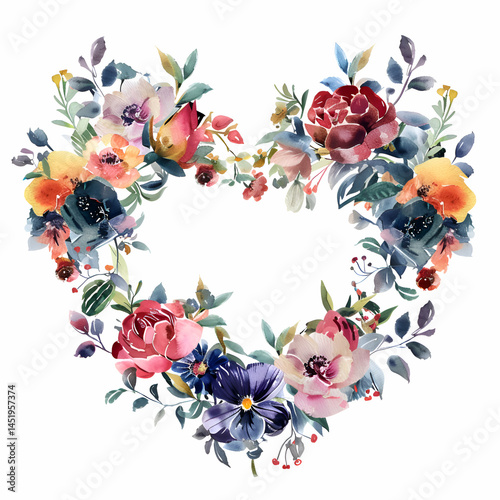 Watercolor Floral Heart. Romantic Flower Arrangement
