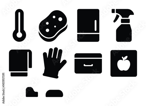 Household cleaning tools solid icons set – filled, silhouette, domestic chores symbols