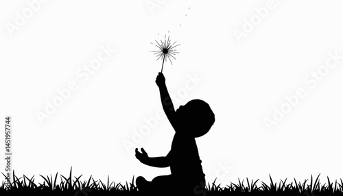 Child joyfully writing with sparkler in silhouette, festive celebration