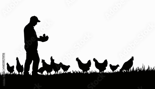 Farmer feeding chickens in rural silhouette, agricultural harmony