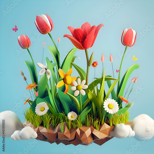 Floating Spring Garden. 3D Render of Colorful Flowers