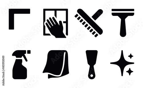 Cleaning tools solid icons set – 3d, filled, equipment and sanitation symbols