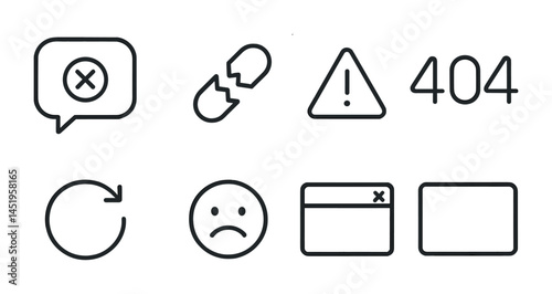 Error and warning outline icons set – linear, alert, tech troubleshooting graphics