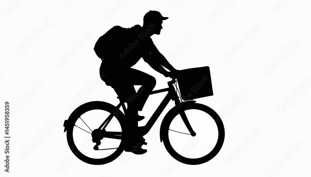 Fototapeta premium Shadowy delivery rider biking against white background, urban service