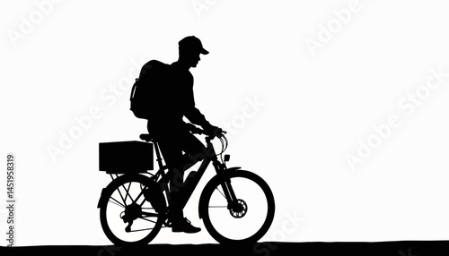 Silhouette of cyclist delivering parcels on bike, urban delivery concept