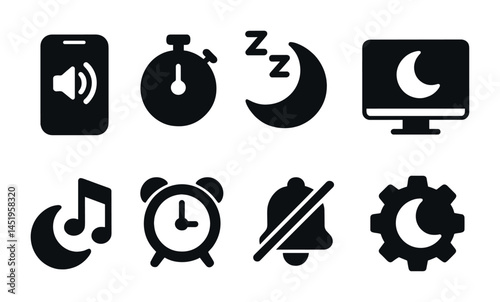 Nighttime and sleep solid icons set – bedtime, rest, and nocturnal symbols
